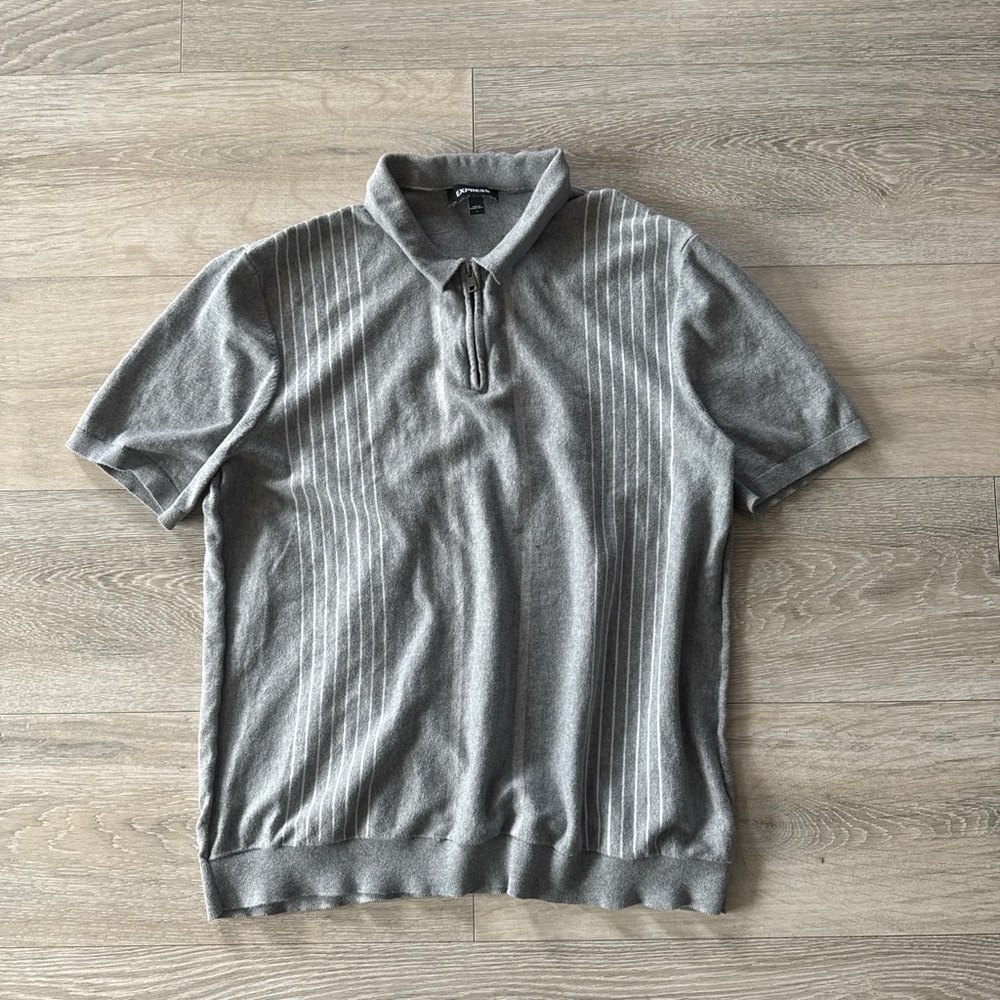 Grey Express Polo Shirt White Striped Size L Stretch